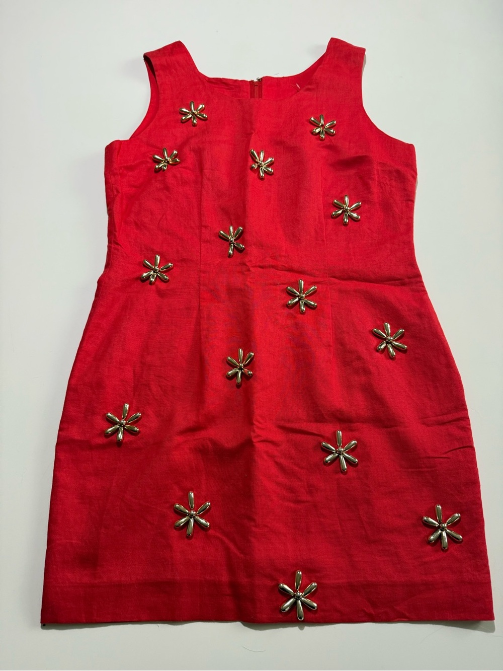 Red Sleeveless Dress with Gold Embellishment